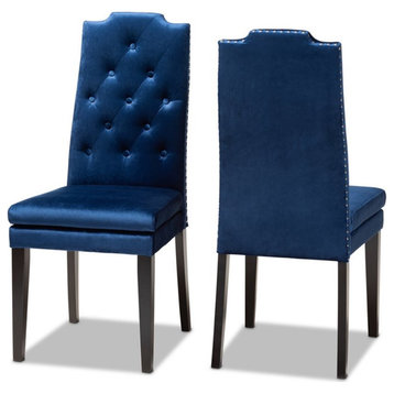Baxton Studio Dylin 20"H Button Tufted Wood Dining Chairs in Navy Blue Set of 2