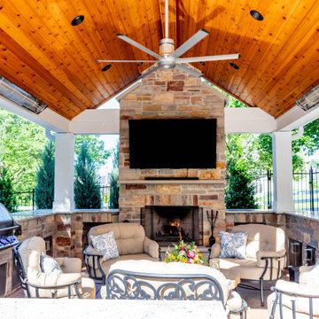 Pool Side Covered Patio with Fireplace and Bar Area