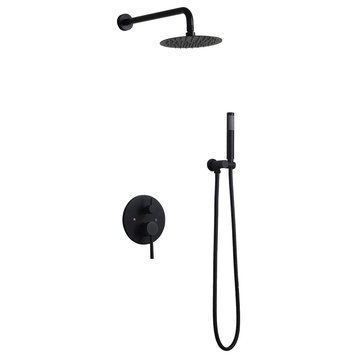 Modern Wall Mounted Rain Shower System with Handheld Shower Set Solid Brass, Matte Black, 10"