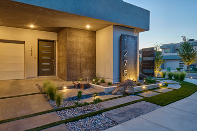Design ideas for a small contemporary drought-tolerant front yard concrete paver and wood fence walkway in Other.