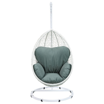 ACME Simona Patio Swing Chair With Stand, Green Fabric and White Wicker