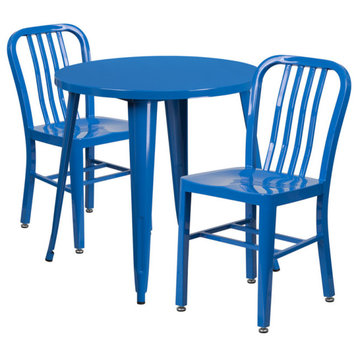 30'' Round Blue Metal Indoor-Outdoor Table Set With 2 Vertical Slat Back Chairs