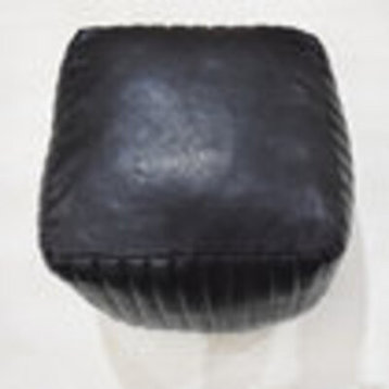 Solid Handmade Leather Pouf (Recycled Foam with Fibre Fill), Black, 14x14x14