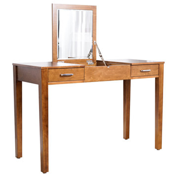 Transitional Vanity Table, Flip Up Mirror & Drawers With Charging Station, Brown