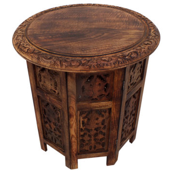 Wooden Hand Carved Folding Accent Coffee Table, Brown