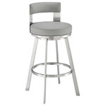 Armen Living - Lynof Swivel Bar Stool With Faux Leather, Light Gray, Brushed Stainless Steel - Modernize your home with the Lynof swivel bar or counter stool from Armen Living. The Lynof is available with a metal 4-leg base and features durable faux leather upholstery. Faux leather does not crack easily and is stain resistant, does not fade easily and is also UV resistant. Counter or bar height stools that feature a swivel mechanism tend to be much more convenient for everyday use or when entertaining. The wonderful full 360-degree swivel function allows for maximum mobility. The smooth glide swivel function allows you to change directions with ease, making this your new favorite seat in your home. This modern bar stool has an open back that creates a breathable seat, allowing you to sit comfortably for extended periods. Featuring a chic and streamlined profile, the modern counter stool features a subtly curved back. Complemented with a roomy round cushioned seat, our thoughtfully designed counter stool supports you in just the right places. The Lynof is available in a black finish with light grey faux leather, a brushed stainless-steel finish with black, white, or light grey faux leather, a brown finish with chocolate faux leather, or a silver with grey faux leather upholstery. This modern bar stool comes in your choice of 26-inch or 30-inch seat height options.