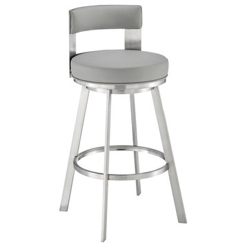 Lynof Swivel Bar Stool, Brushed Stainless Steel With Light Gray Faux Leather