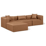 Meridian Furniture - Cube Upholstered Modular Sectional, Brown, 4-Piece: 1 Armless Chair, 2 Corner Chair, 1 Ottoman, Vegan Leather - Elevate your space with the luxurious Cube Vegan Leather Modular Sectional. This modular sectional exudes modern elegance, charm, and comfort making it a perfect addition to any contemporary living space. Its clean lines and cube shape are reminiscent of minimalist design, while the plush brown vegan leather upholstery adds a touch of luxury and sophistication. The chair's versatile construction and geometric aesthetic seamlessly integrate into various design styles, from sleek living rooms to chic home offices, embodying the essence of modern design and creating a sense of order and tranquility in your space.
