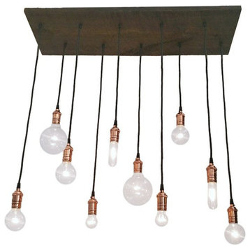 10 Pendant Reclaimed Wood Chandelier, Copper, Clear Bulbs
