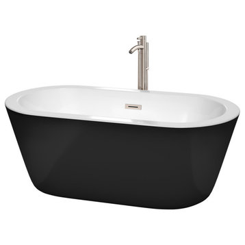 60" Freestanding Bathtub, Black, White Interior Drain, Overflow, Brushed Nickel