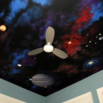 Space Night Sky Ceiling Mural in a kids bedroom by Tom Taylor of MuralArt.com