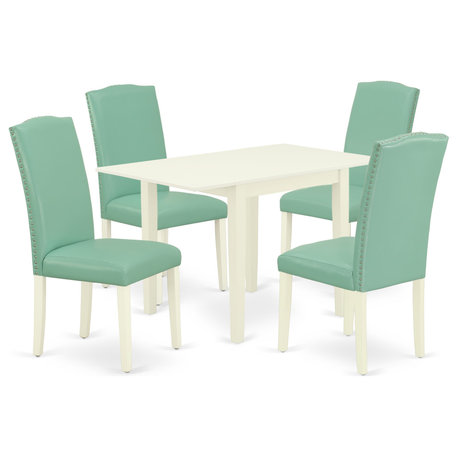 Dining Set 5 Pcs, 4 Chairs, Table, Linen White Hardwood, Pond Color Pu Leather