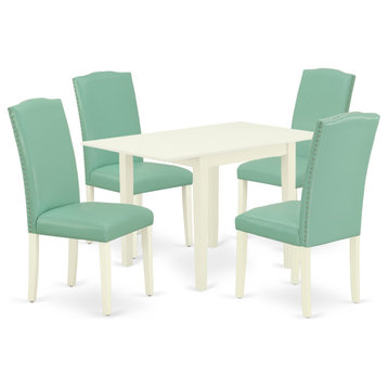 Dining Set 5 Pcs, 4 Chairs, Table, Linen White Hardwood, Pond Color Pu Leather