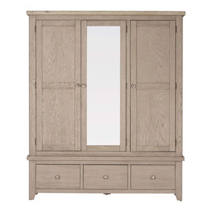 Grey Whitewash Oak Triple Wardrobe With Mirror And Drawers