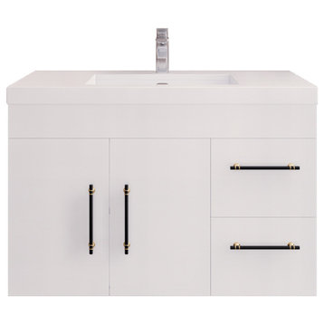Rosa 36" Wall Mounted Vanity with Reinforced Acrylic Sink (Right Side Drawers), High Gloss White