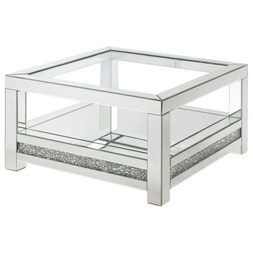 Unique Coffee Table, Mirrored Design With Faux Diamond Trim, Tempered Glass Top
