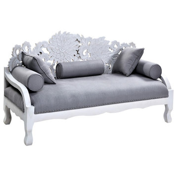 Hand Carved White Wood Lace Lotus Daybed Sofa with Throw Pillows