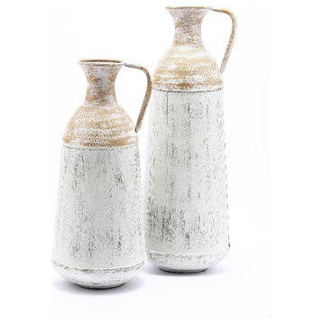 LuxenHome Set of 2 Distressed Off White and Rustic Brown Metal Pitcher Vase