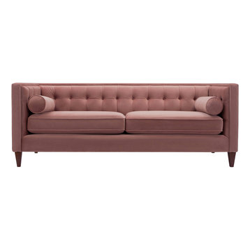 Jack Tuxedo Square Tufted Sofa with Bolster Pillows, 84", Dusty Pink Velvet