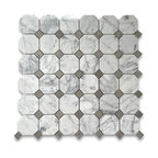 Octagon Mosaic Tile Carrara White Venato Marble Gray Dots Polished 2", 1 sheet