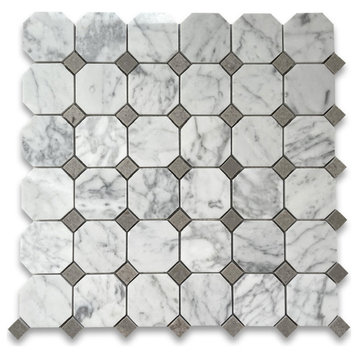 Octagon Mosaic Tile Carrara White Venato Marble Gray Dots Polished 2", 1 sheet