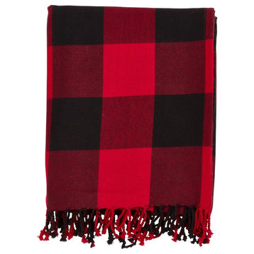 Rustic Buffalo Plaid 100% Cotton Throw Blanket with Hand-Knotted Fringe, Red