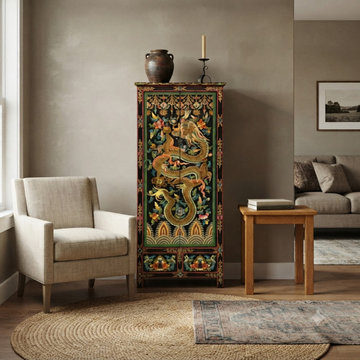 Oriental Tibetan Style Golden Dragon Graphic Tall Slim Storage Cabinet ws5063