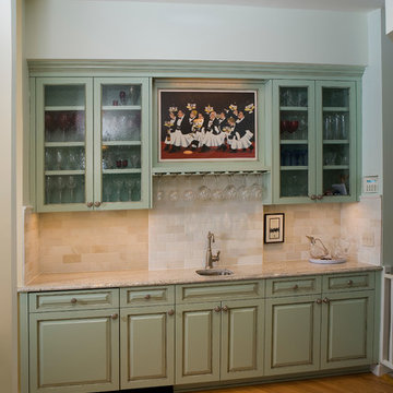 Traditional Kitchen With Blue Raised Panel Cabinets With Brown Glaze