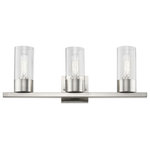 Livex Lighting - Carson 3 Light Brushed Nickel Vanity Sconce - The Carson transitional three light vanity sconce will bring posh sophistication to your decor. The backplate and clear cylinder glass give this brushed nickel finish a sleek, contemporary look.
