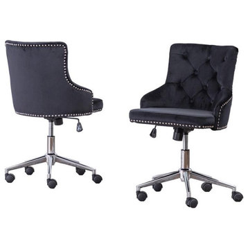 Swivel Office Chair in Black Velvet with Stainless Steel and Tufted Seat