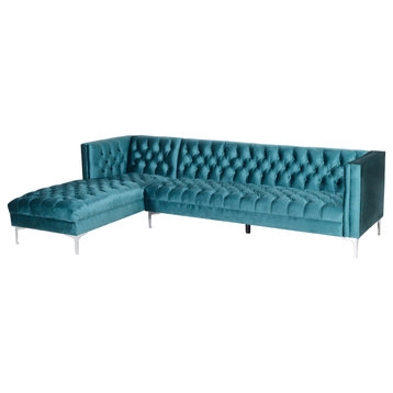Camrose Contemporary Tufted Chaise Sectional, Teal + Silver