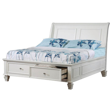 Benzara BM206615 Wooden Full Size Bed, Sleigh Style Headboard & 2 Drawers, White