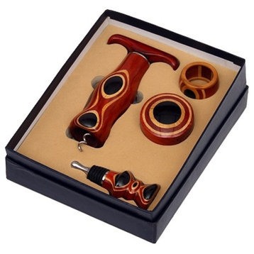 4 Piece Gift Set With A Corkscrew, Foil Cutter, Wooden Stopper, And Drip Catcher