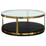 Dwellist - Eada Coffee Table, Brushed Gold Finish and Black Wood - The Dwellist Eada contemporary coffee table is an ideal piece to have in the modern household. This beautiful coffee table combinesa brushed gold finishwith hardwood construction, offering exceptional quality without compromising on style. Round in shape and featuring a durable tempered glass top, the Eada is made to be an elegant yet practical piece. The Eada's lower compartment is perfect for storing books or magazines. The Eada coffee table is available in black wood.