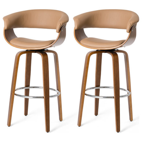 Bentwood Swivel Bar Chair, PU Leather, Set of 2, Camel
