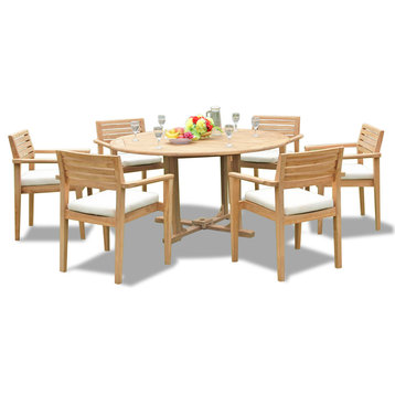 7-Piece Outdoor Teak Dining Set, 60" Round Table, 6 Montana Stacking Chairs