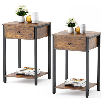 Modern Nightstand Set of 2 with Drawer and Storage Shelf, Wood , Rustic Brown