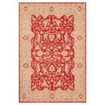 Bareens Designer Rugs - Oriental Ziegler Kandy Red Tan Hand-Knotted Wool Rug - 6'0'' x 8'10'' - Enhance the ambiance of your home with this magnificent Persian-influenced Turkish hand-knotted rug made by skilled artisans capable of creating the most exceptional vegetable dyes and hand-spun wool. This exquisite handmade rug is a one-of-a-kind Peshawar Kafkaz, otherwise identified as Chobi, Chobi Peshawar, Oushak, or Ziegler rug. These handmade rugs are crafted in Pakistan utilizing superior-quality wool imported from Australia, New Zealand, and Korea in two types of weaves: the Persian weave and the Mori weave. This rug is meticulously crafted by hand using the finest natural vegetable dyes extracted from local plants. The artisans use a blend of hand-spun local and fine merino wool, resulting in a rug with a compelling texture, higher lanolin content, and longer staple. The artisans occasionally incorporate natural or artificial silk into the pile to enhance specific motifs. The finished product is an awe-inspiring execution of flawless design and an understated palette that exudes elegance.