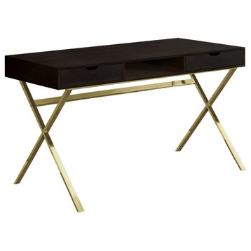 Contemporary Desk, X-Shaped Golden Legs & Drawers With Cut Out Pulls, Black