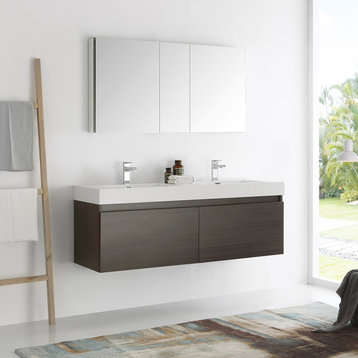 Mezzo 60" Wall Hung Double Sink Modern Bathroom Vanity w/ Medicine Cabinet, Gray
