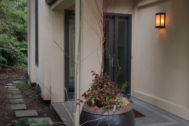 Large transitional beige two-story stucco exterior home photo in Seattle