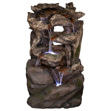 40" Outdoor 6-Tier Rainforest Wood and Rock Waterfall Fountain With LED Lights