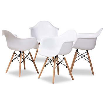 Set of 4 Dining Chair, Angled Legs With Crisscross Support & Plastic Seat, White