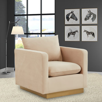 LeisureMod Nervo Modern Velvet Accent Arm Chair With Gold Base, Beige