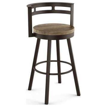 Amisco Vector Swivel Counter and Bar Stool, Beige Distressed Wood / Dark Brown Metal, Bar Height