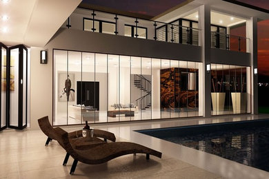 Inspiration for a large modern white one-story glass flat roof remodel in Other