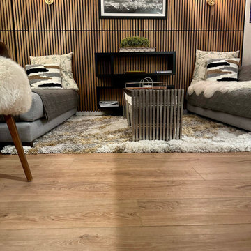 Modern Living Room Remodel with Walnut Wood Slat Wall Panels