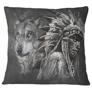 Wolf And American Indian Chief Abstract Throw Pillow, 18"x18"