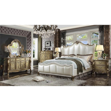 Acme Dresden II Faux Leather Upholstered Queen Bed in Gold and Pearl White
