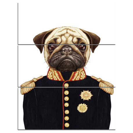 Funny Pug Dog in Military Uniform, Animal Triptych Canvas Print, 28x36, 3 Panels